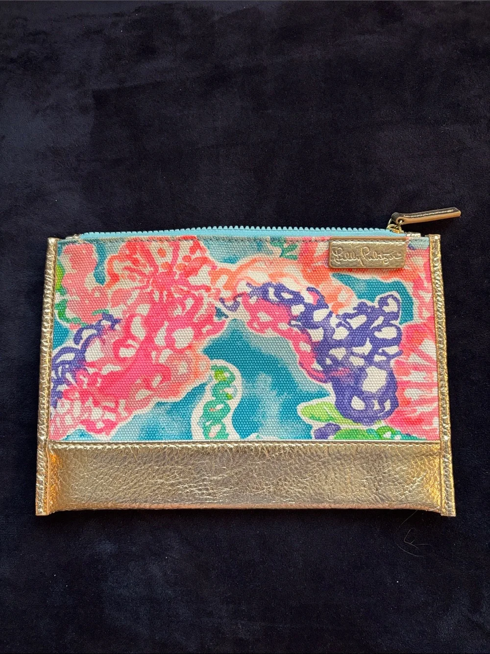 Lilly Pulitzer Pink Turquoise Floral Gold Zip Pouch